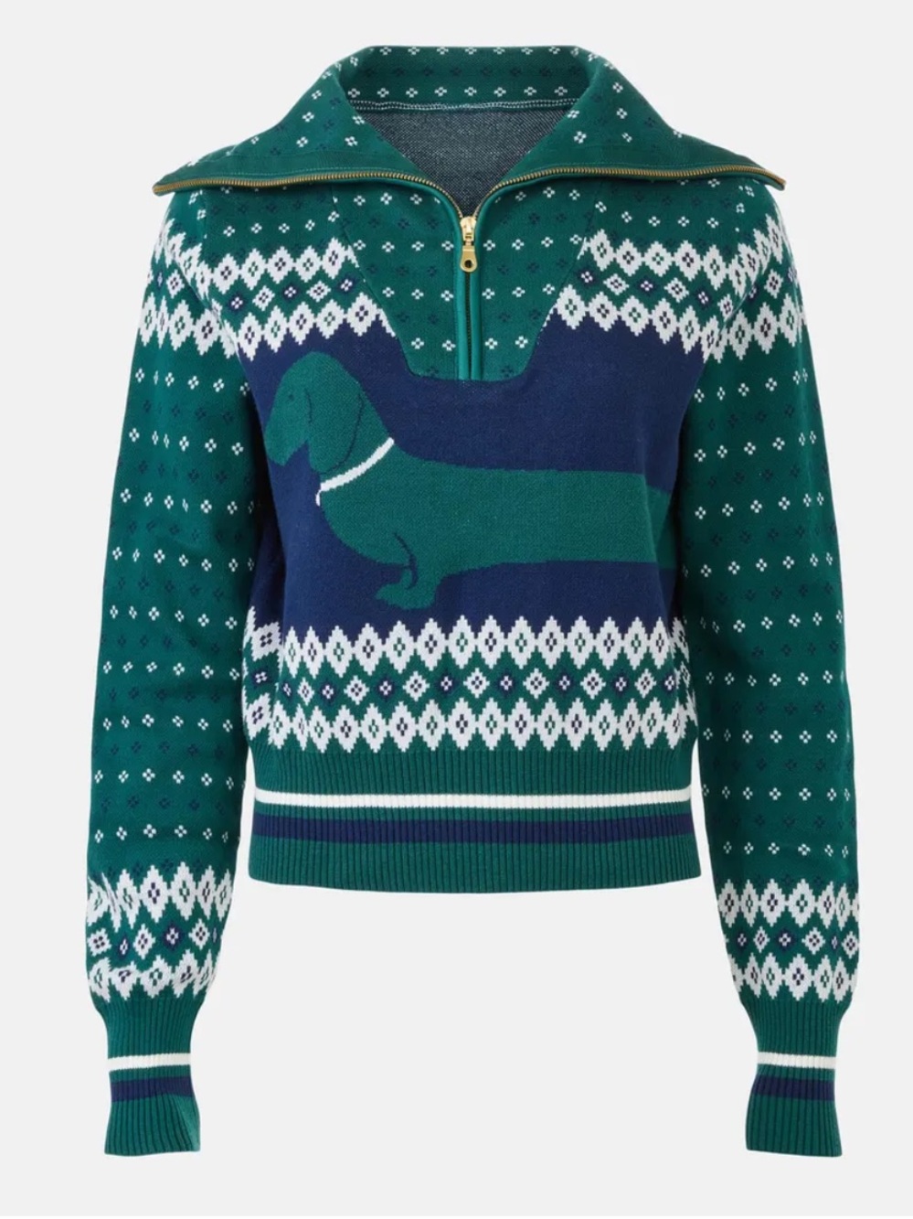 🌟 RACHEL ANTONOFF 🌟 NICO 1/4 ZIP FAIR ISLE DOG SWEATER NAVY / GREEN SZ S